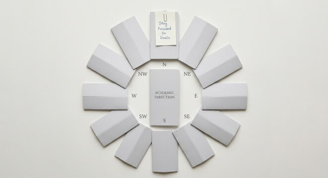 Minimalist Arrangement of Folded Lesson Planners and Academic Directory, Organized in a Compass Layout