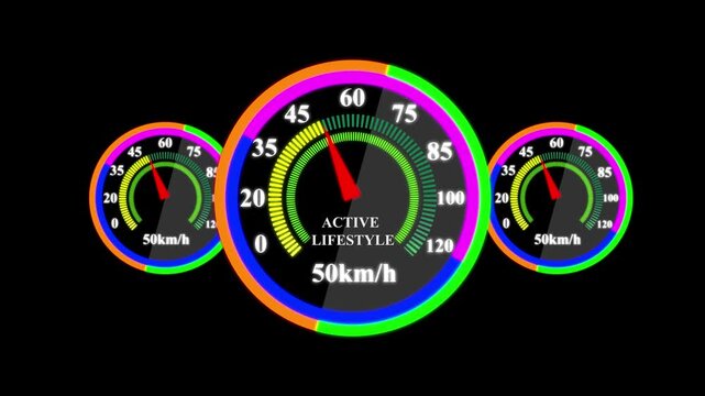 Active Lifestyle Concept with Abstract Neon Digital Speedometer Gauge Set and Red Gauge Arrow on Black Background - 4K Motion Graphic