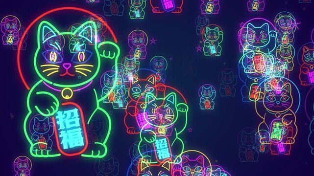 日本では商売繁盛の縁起物として定番の招き猫のカラフルなサイバーネオン　ゆっくり上昇　ループ