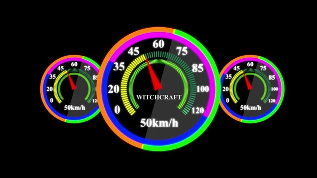 Witchcraft Concept with Abstract Neon Digital Speedometer Gauge Set and Red Gauge Arrow on Black Background - 4K Motion Graphic