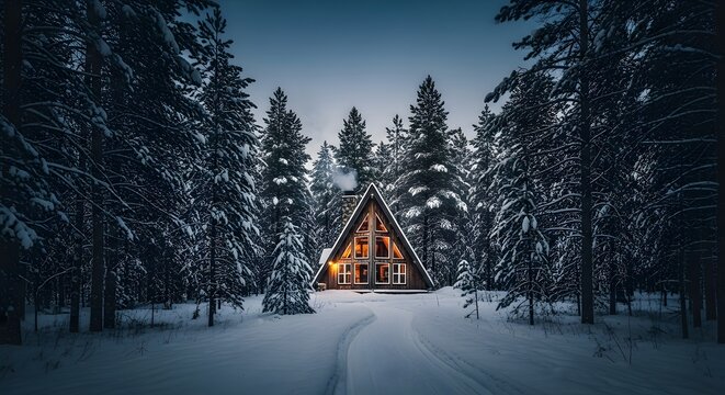 Cozy A-frame cabin glowing with warm light in a snowy pine forest at twilight.