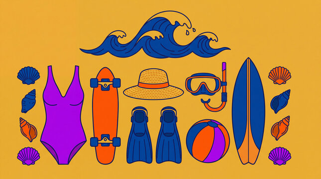 A collection of colorful flat design illustrations representing summer beach vacation activities and items.