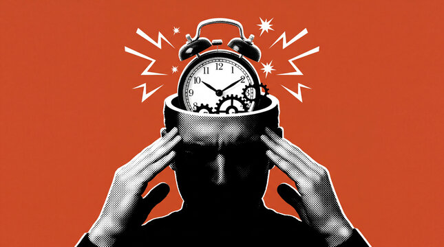 Stylized illustration of an alarm clock inside a silhouette of a head, symbolizing time pressure or stress.