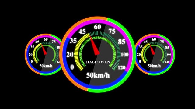 Halloween Spooky Event Concept with Abstract Neon Digital Speedometer Gauge Set and Red Gauge Arrow on Black Background - 4K Motion Graphic