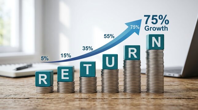 Increasing investment returns displayed with stacked coins with progressive stack coins spelling RETURN paired rising percentage chart indicating growth 5 75