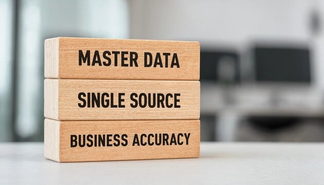 Stacked Wooden Blocks Showing Master Data Management Concepts with Single Source Business Accuracy in Office Setting