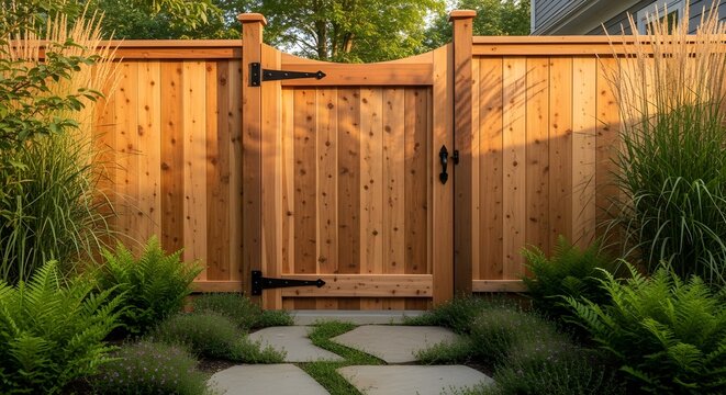 A beautiful wooden garden gate with a stone pathway and lush green plants.