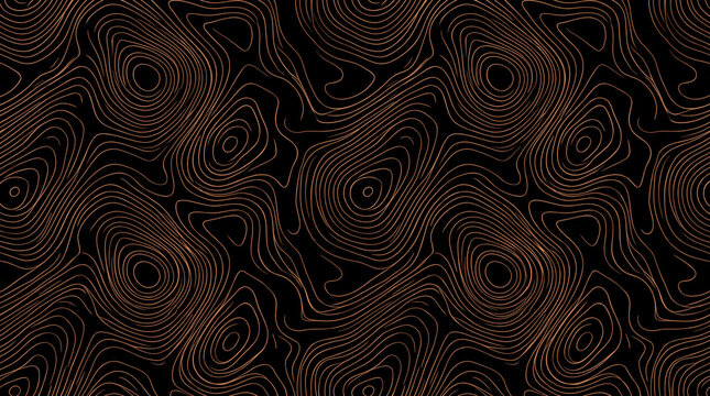 Seamless pattern of abstract topographic lines in copper on a black background, suggesting terrain or contours.