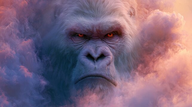 Close up of an albino gorillas intense stare amidst swirling pink and blue clouds