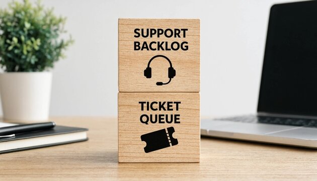 Support Backlog and Ticket Queue Management Concept Displayed with Wooden Blocks on Office Desk Near Laptop