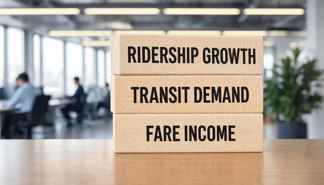 Three cardboard boxes labeled ridership growth transit demand and fare income in modern office setting