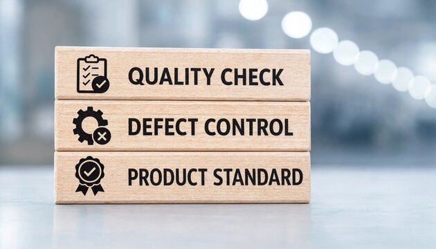 Three wooden blocks displaying quality assurance concepts like quality check defect control and product standard icons