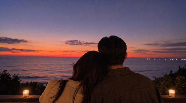 Rear View of Loving Couple Enjoying Ocean Sunset by Candlelight