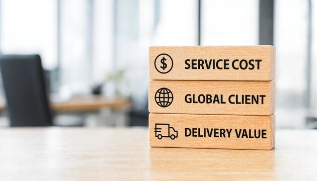 Three wooden blocks displaying service cost global client delivery value concepts in modern office setting