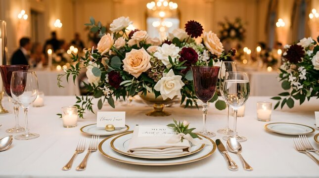 Elegant wedding reception table setting with floral centerpiece and fine dining tableware in a luxury ballroom venue