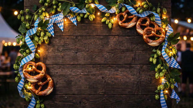 Oktoberfest wooden board background decorated with pretzels, fresh hops, blue ribbon and fairy lights