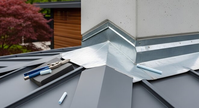 Professional metal roofing installation with flashing around a chimney stack.
