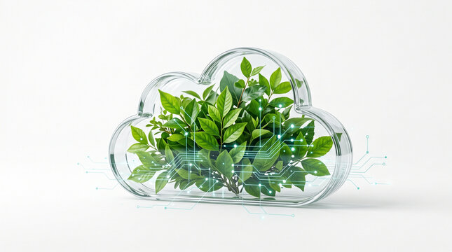Green cloud computing concept with transparent glass cloud shape filled with fresh leaves