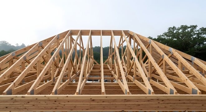 Wooden roof truss framework under construction for a new residential house project.