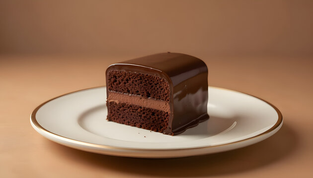 Elegant slice of rich chocolate cake coated with glossy mirror glaze and filled with smooth chocolate mousse, served on a white ceramic plate against a warm neutral background.