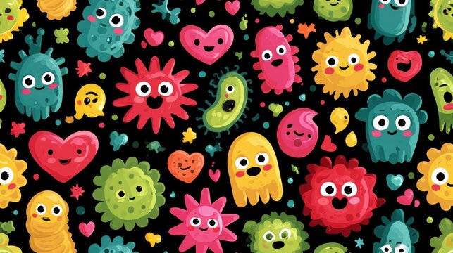 Cute cartoon microbes and bacteria with smiling faces on transparent background