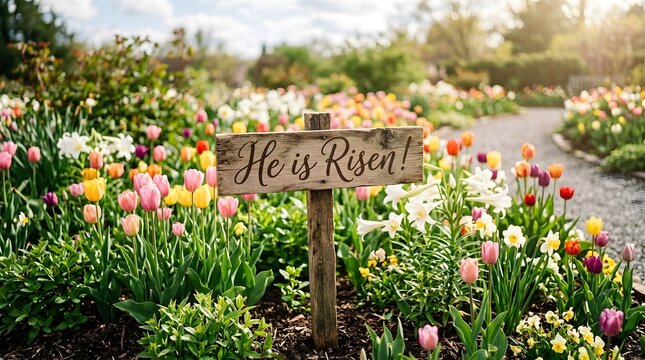 A beautiful wooden sign in a vibrant spring garden filled with colorful blooming tulips and green foliage