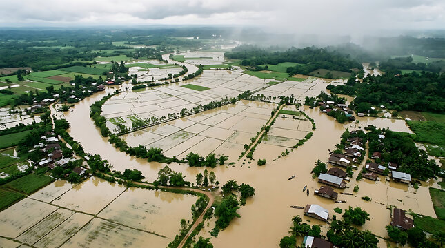 Aerial view of a flooded village and submerged farmland.