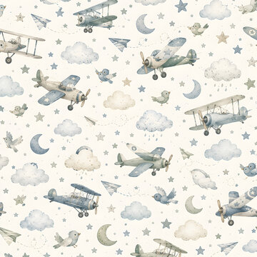Cute watercolor seamless nursery background pastel baby boy pattern scrapbook paper cute airplane design