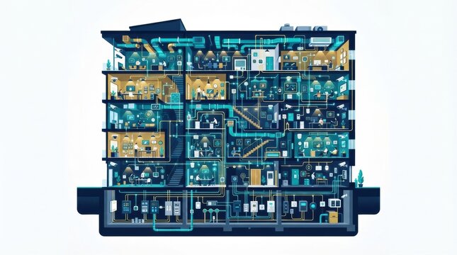 Detailed layout of a building showcasing smart automation systems for HVAC and energy management. This system integrates various controls.