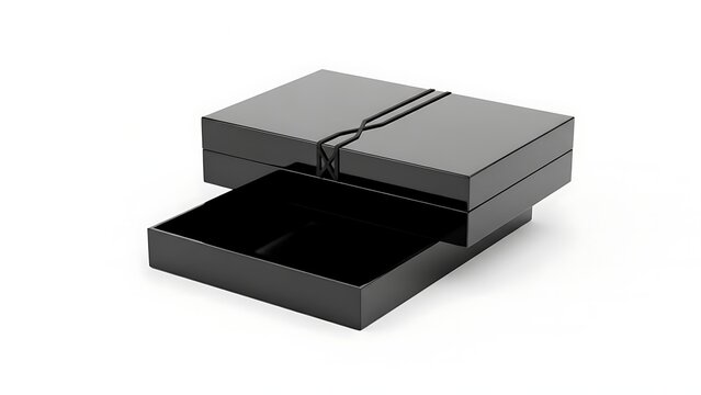 Modern black jewelry box with an open sliding drawer and a decorative elastic band strap on top