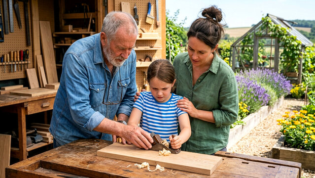 Grandfather and Mother Teaching a Child Woodworking in a Garden Workshop