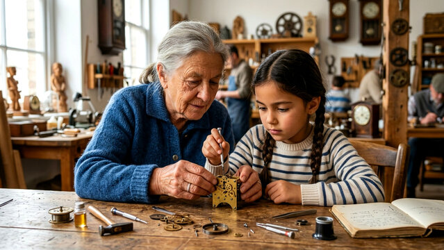 Elderly Clockmaker Teaching a Young Girl to Repair a Vintage Clock