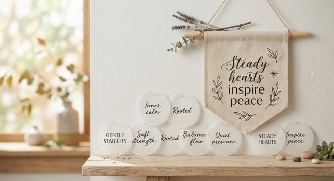 Gentle Stability and Inner Calm Affirmation Circles Displayed on Shelf with Inspirational Banner