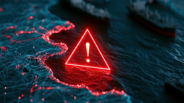 Global warning sign over digital network map with ships alert concept