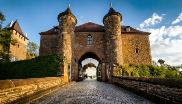 Historic castle entrance with towers.