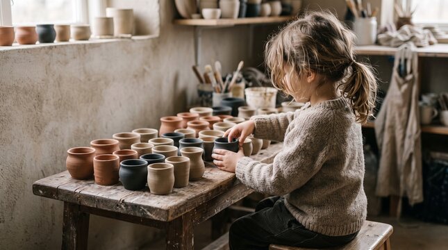 Young child with messy hair in a cozy sweater examines handmade pottery cups in a rustic workshop