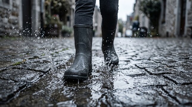 Person wearing black rubber boots walking through puddles on a cobblestone street in the rain