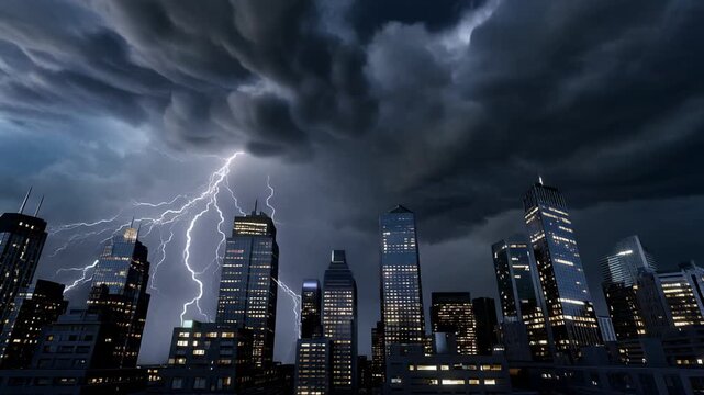 Dramatic lightning striking city skyscrapers at night 4K Generative AI
