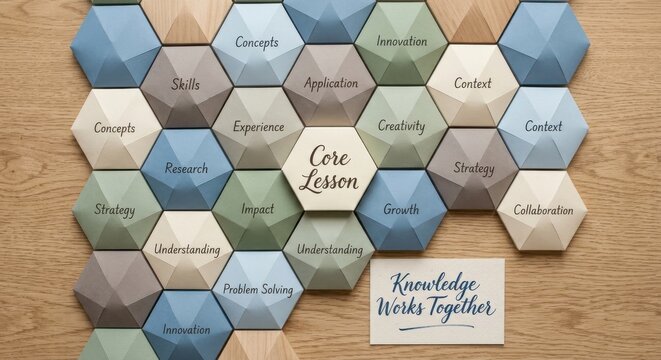 Geometric Hexagons Forming a Knowledge Network with 'Core Lesson' Centerpiece and 'Knowledge Works Together' Card