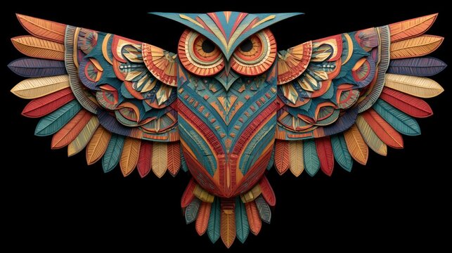 Ornate owl sculpture with colorful feathered wings on transparent background