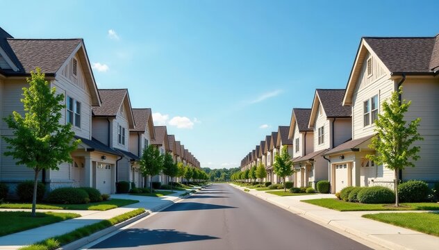 Neatly aligned townhome roofs vanishing point, clear blue sky, simple, order, seamless