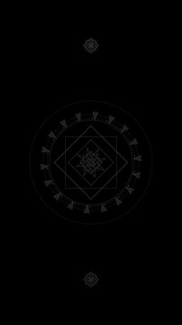 Vertical animated white geometric lower border with tribal triangle patterns and hanging pendants on black background