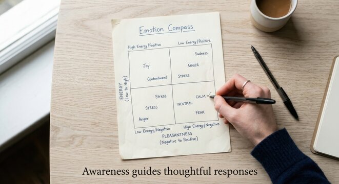 Hand Writing on Emotion Compass Diagram Chart for Understanding Feelings