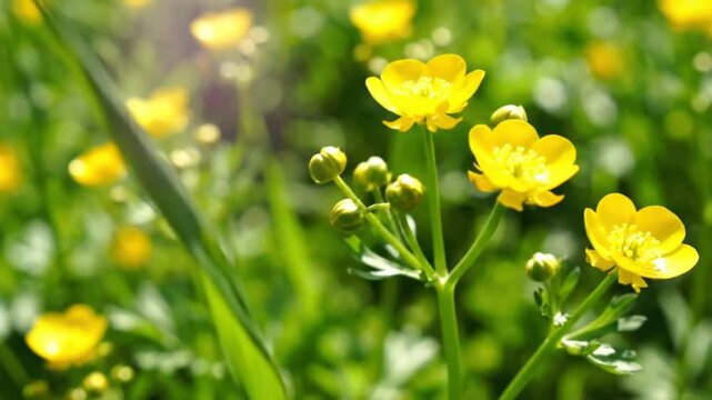 Close up view of vibrant yellow buttercup wildflowers blooming in a field with green foliage on a sunny day