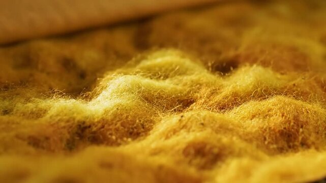 Unveiling a Textured Surface: Close-Up of Brown Paper Unfolding Reveals a Fluffy, Woven Fabric Detail