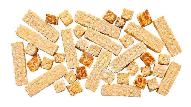 Tempeh Strips and Cubes Scattered on Transparent Background