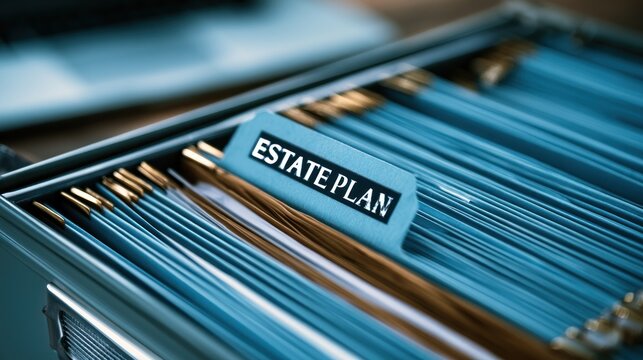 Close up of estate plan folder in a filing cabinet with blue folders and gold accents