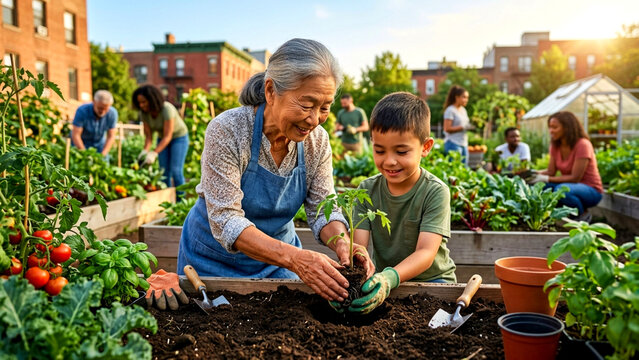 Senior Woman and Young Boy Planting Vegetables in a Community Garden