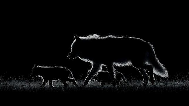 Silhouette of a wolf family walking through grass at night with backlight