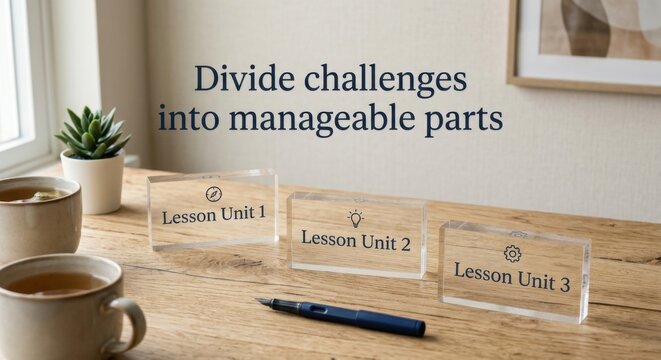 Lesson Units Organized for Manageable Learning Parts on Wooden Desk with Pen
